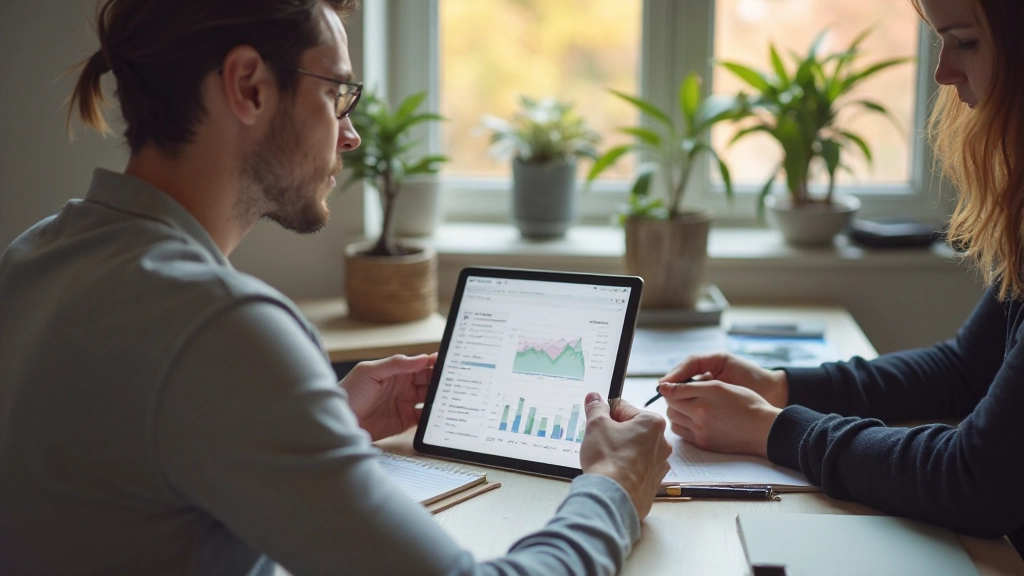 Ouders bespreken gezinsbudget met tablet en notities op tafel