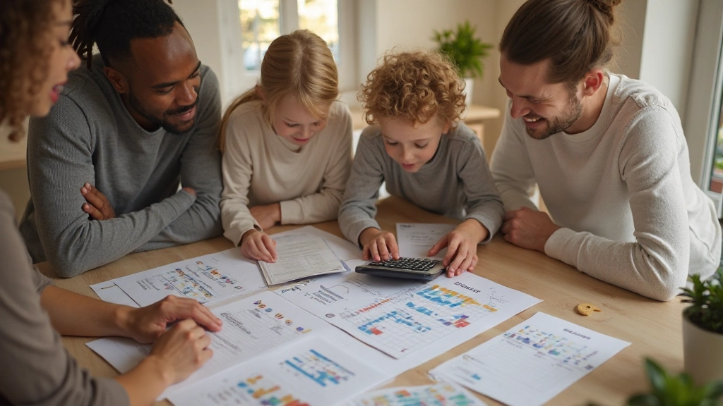 Gezin bestudeert financiële planning aan tafel met calculator en notitieblok