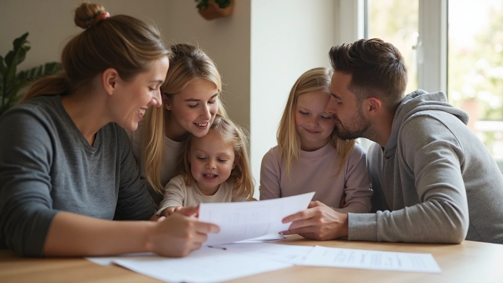 Familie die samen aan tafel zit met financiële documenten en budgetplanner