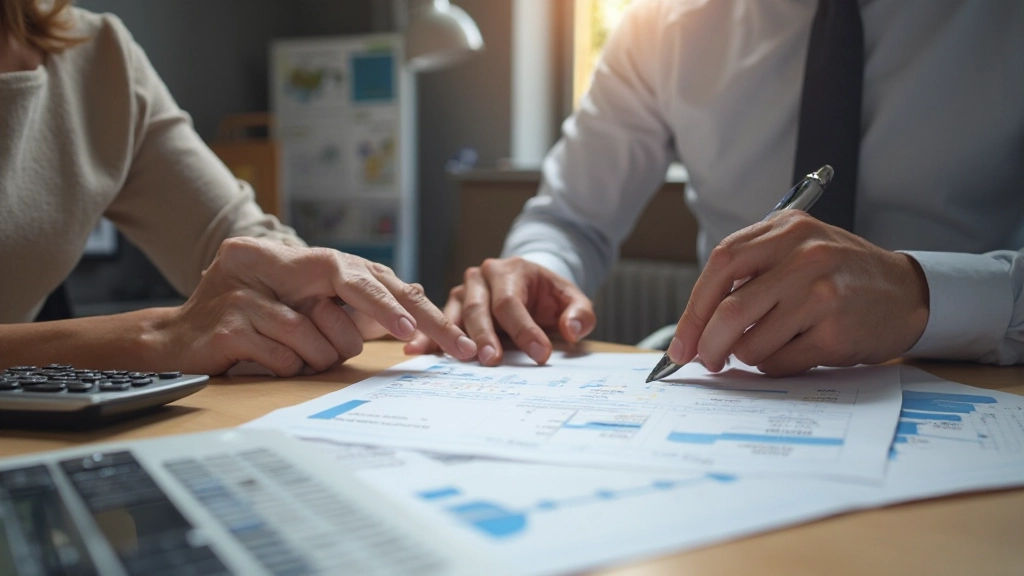 Professionele foto van financieel adviseur die begroting analyseert met spreadsheet met cliënt aan bureau