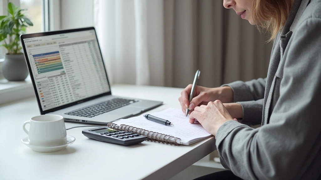 Persoon die maandelijkse uitgavenoverzicht analyseert op papier en digitaal